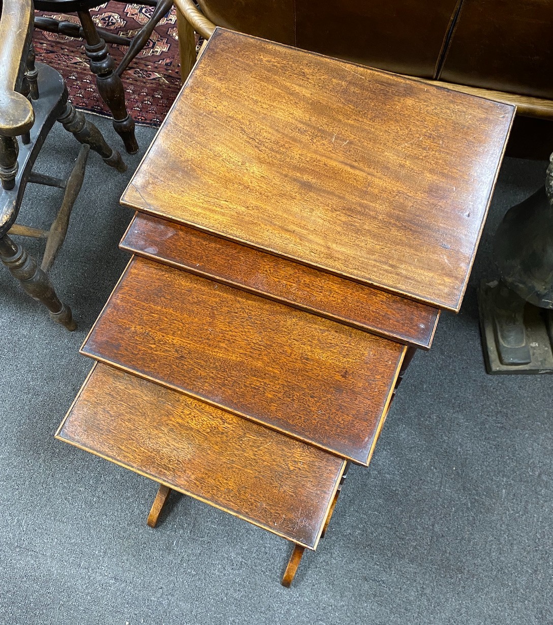 A quartetto of Edwardian rectangular mahogany tea tables, width 49cm, depth 36cm, height 74cm